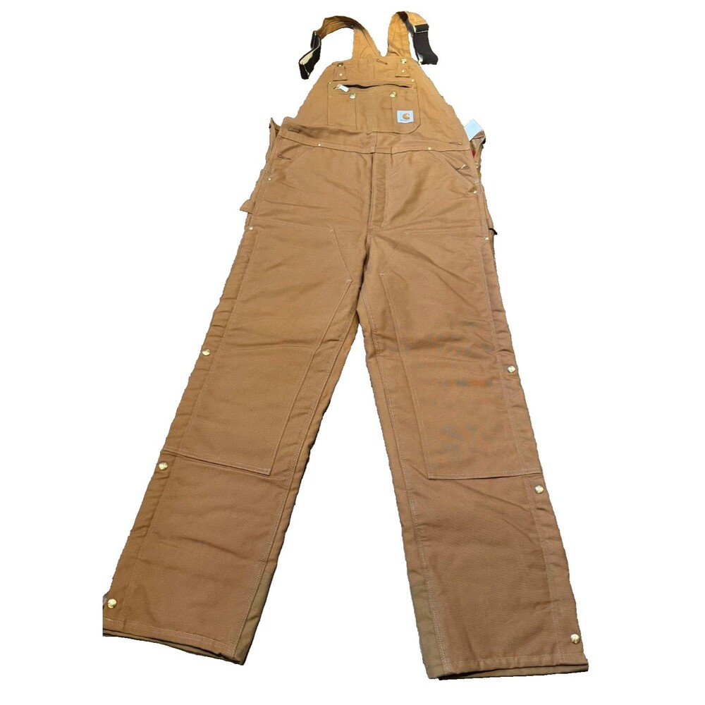 Carhartt R41-BRN Double Knee Insulated Quilted Men's Bib 36x34 Canvas   Zip Leg